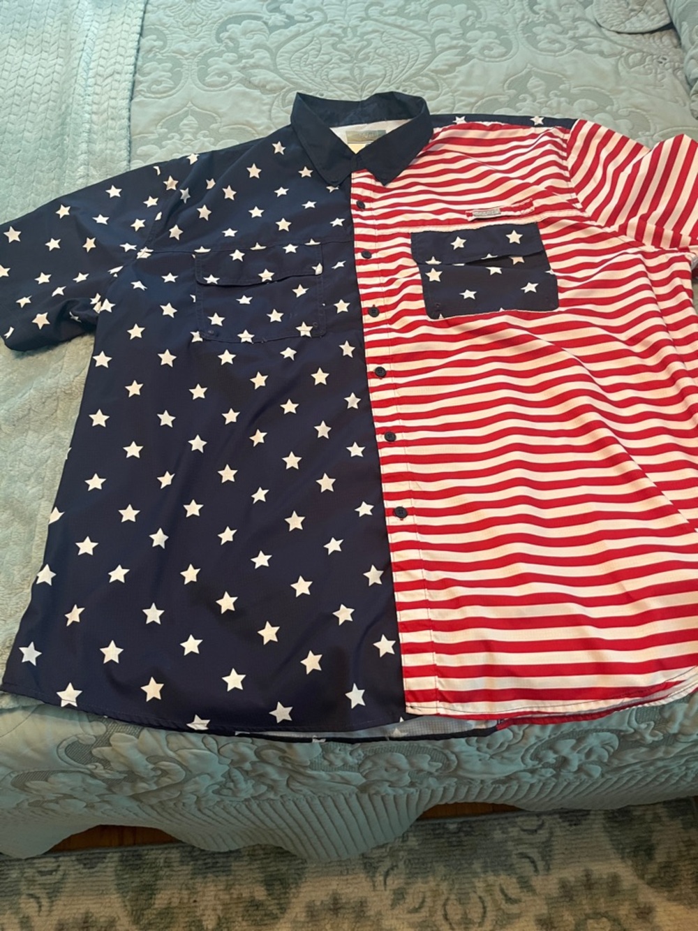 Men's Patriotic Star & Stripe Button-Down Shirt - Navy, Red & White